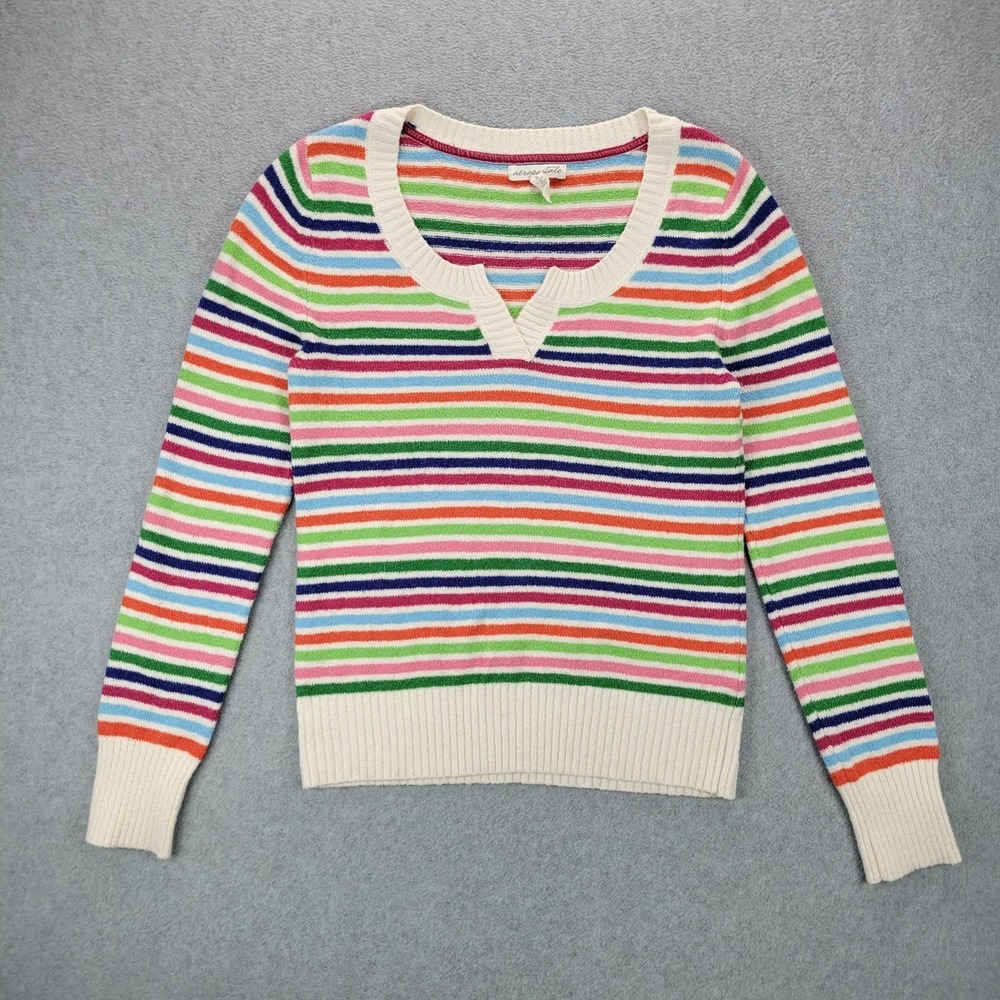 Aeropostale Womens Sweater L Pullover Ivory Multi Color Stripes Long Sleeve Boho